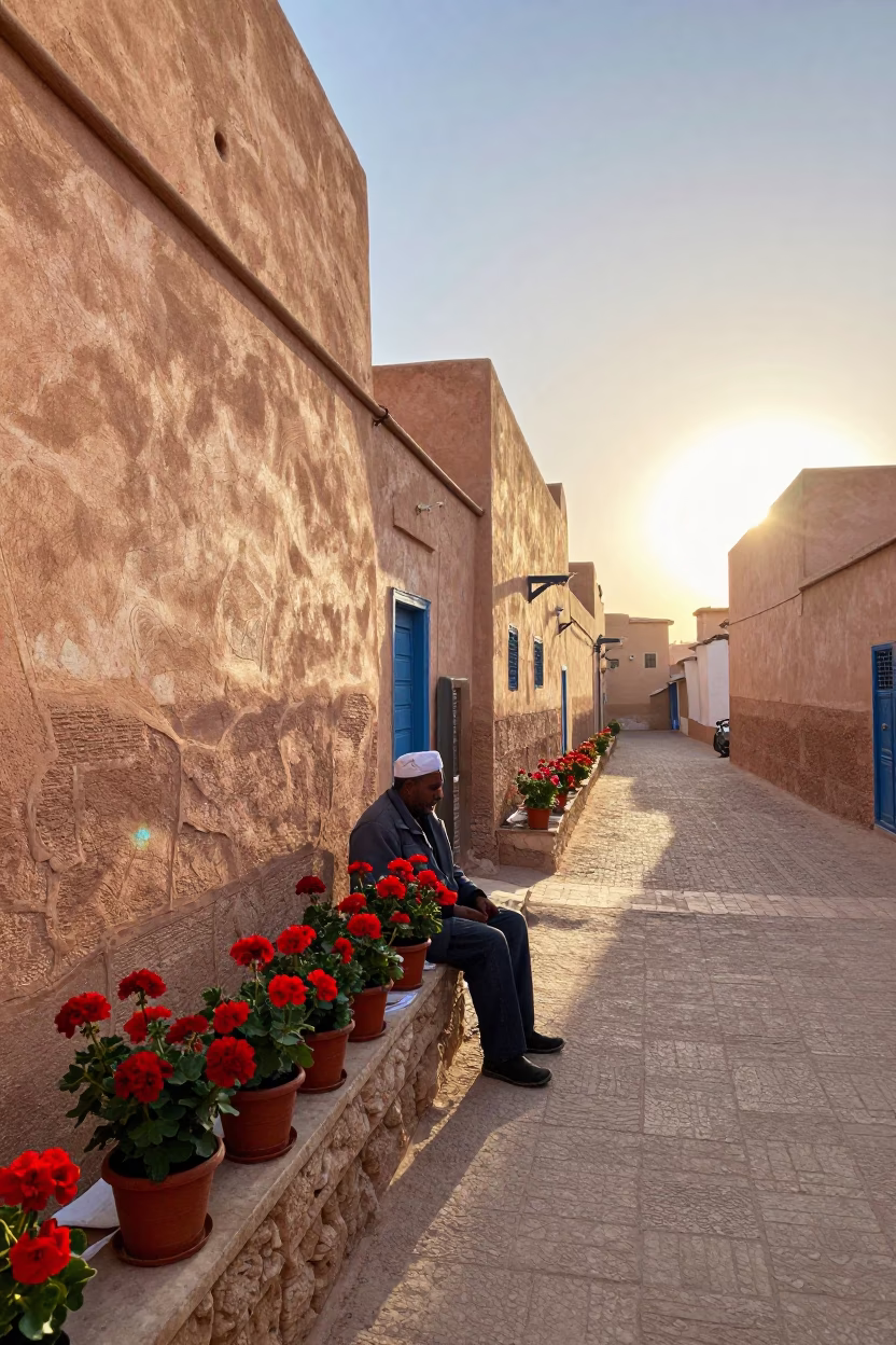 Sunrise in Fez Morocco Street Scene with Potted Geraniums and Traditional Architecture in in Fez, Morocco