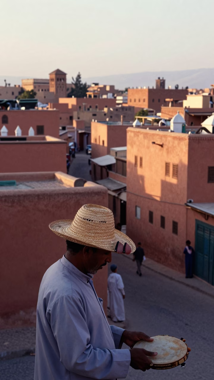 Sunrise in Fez Morocco Street Scene with Straw Hat and Tambourine in in Fez, Morocco