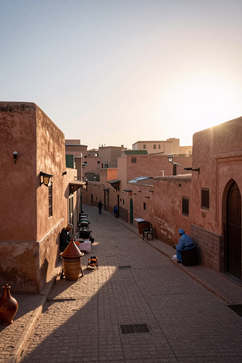 Sunrise in Fez Morocco Street Scene with Traditional Tagine and Ceramic Pots in in Fez, Morocco