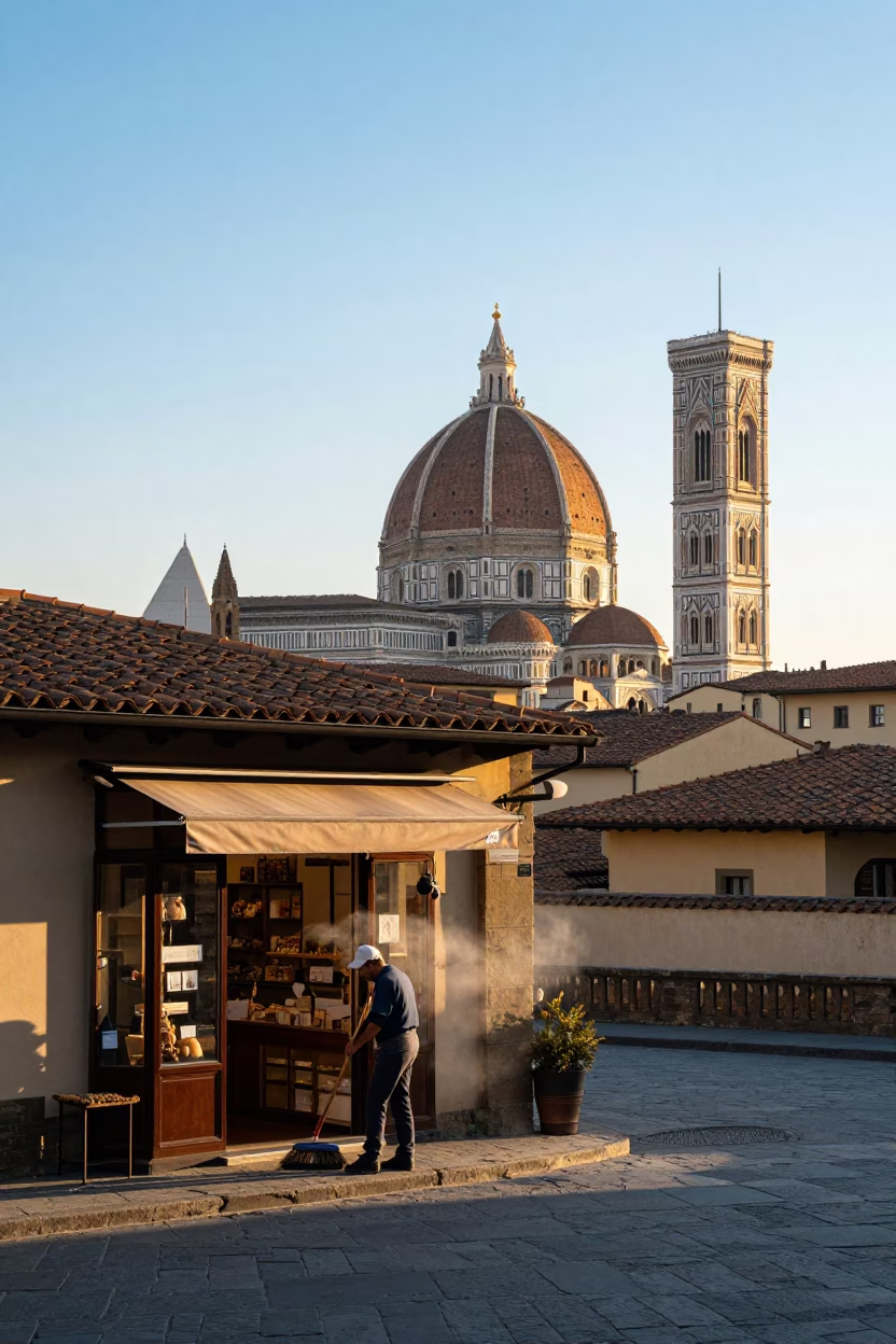 Sunrise in Florence Italy capturing historic architecture and street life after dawn in in Florence, Italy
