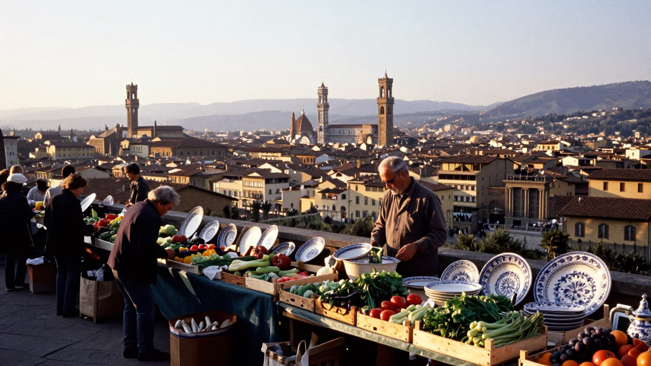 Sunrise in Florence Italy Morning Market Scene with Vintage Italian Majolica Plate in in Florence, Italy