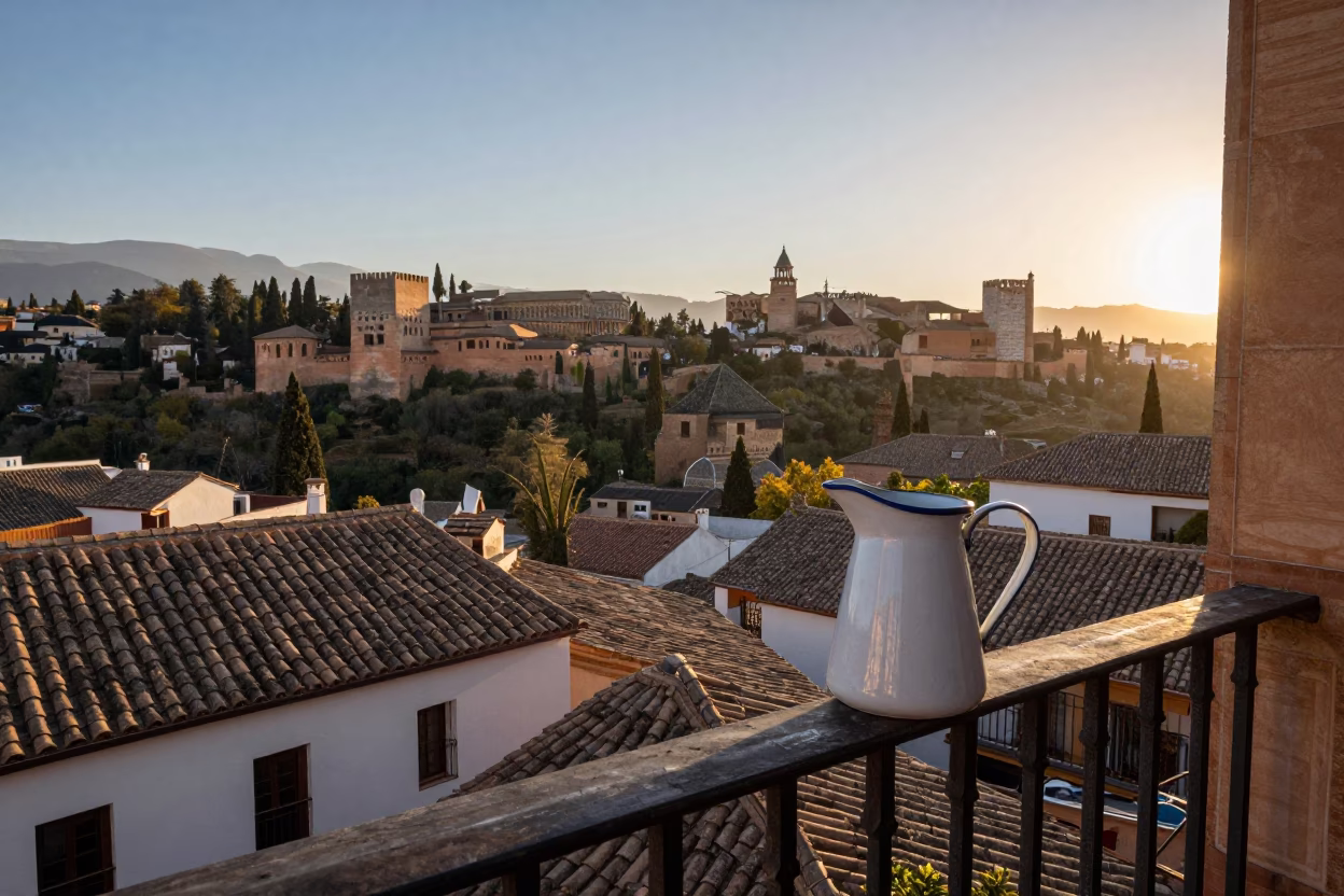 Sunrise in Granada Spain Alhambra View and Enamel Pitcher on Balcony in in Granada, Spain