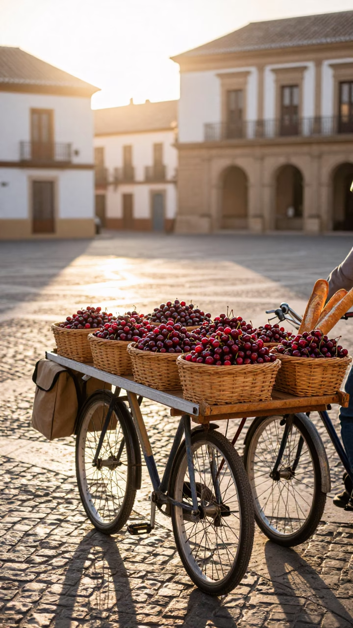 Sunrise in Granada Spain with cherries and bicycle baguettes in in Granada, Spain