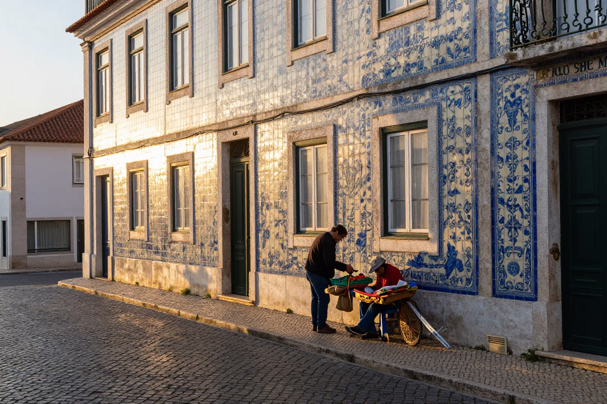 Sunrise in Lisbon Portugal Street Scene with Tiled Facades and Local Market Activity in in Lisbon, Portugal
