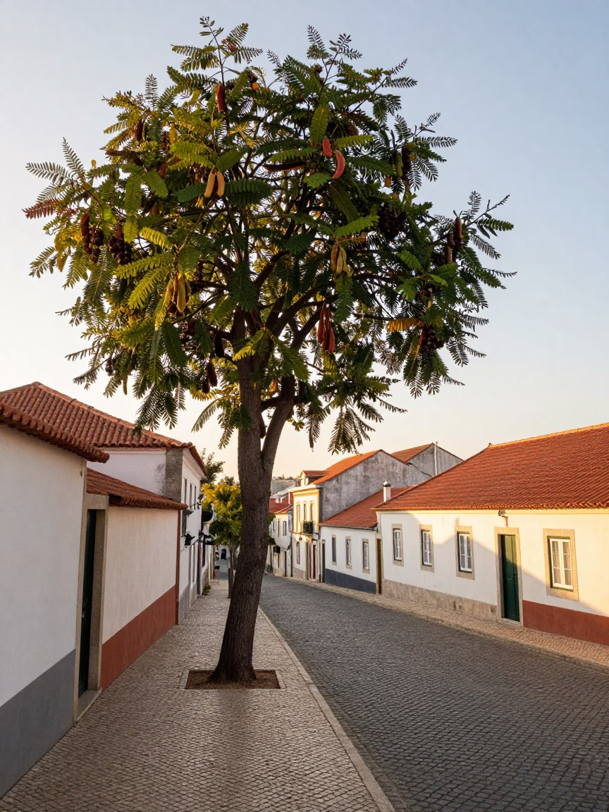 Sunrise in Lisbon Portugal Tamarind Tree Feathery Leaves and Seed Pods on Cobblestone Street in in Lisbon, Portugal