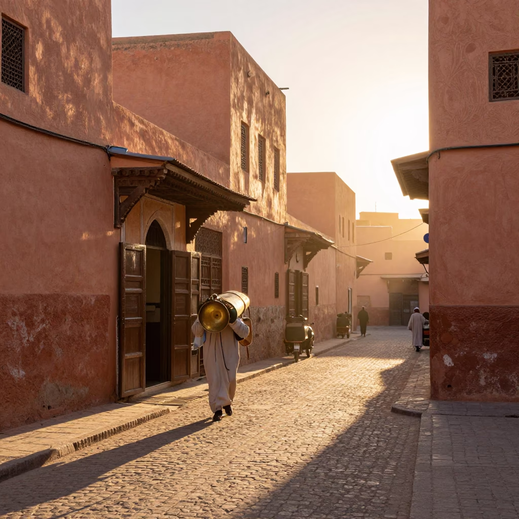 Sunrise in Marrakech Medina Street with Water Carrier and Brass Vessels in in Marrakech, Morocco