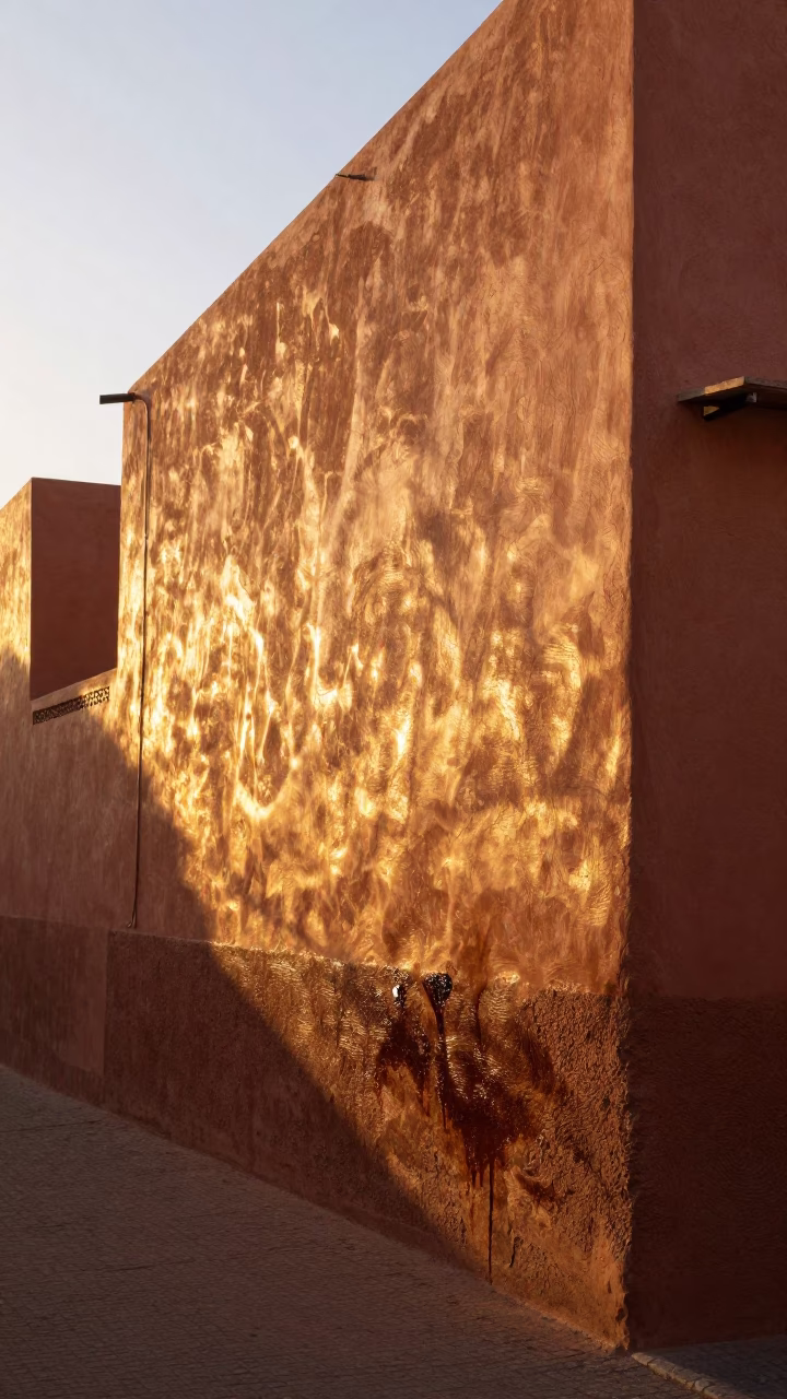Sunrise in Marrakech Medina with Grease Sheen on Wall and Sewing Scissors in in Marrakech, Morocco