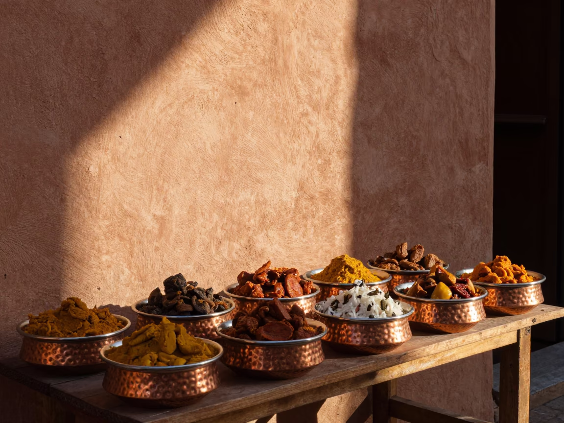 Sunrise in Marrakech Morocco Traditional Copper Bowls of Indian Curry on Wooden Market Table in in Marrakech, Morocco