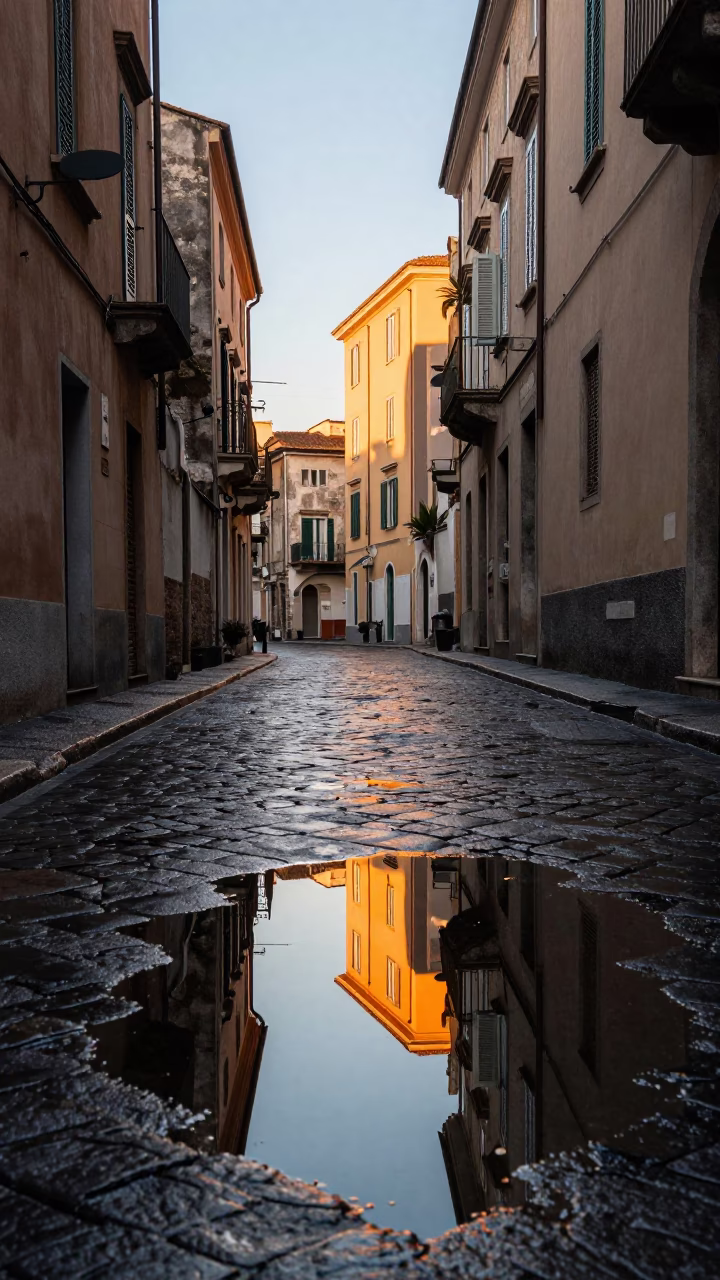Sunrise in Naples Italy Puddle Reflection Hotel Windows Tail Lights in in Naples, Italy