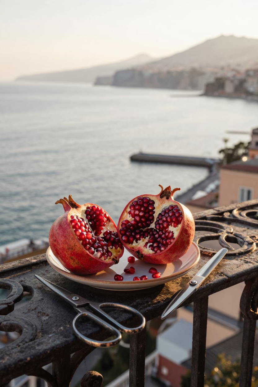Sunrise in Naples Italy with Pomegranate and Vintage Sewing Tools on Balcony in in Naples, Italy