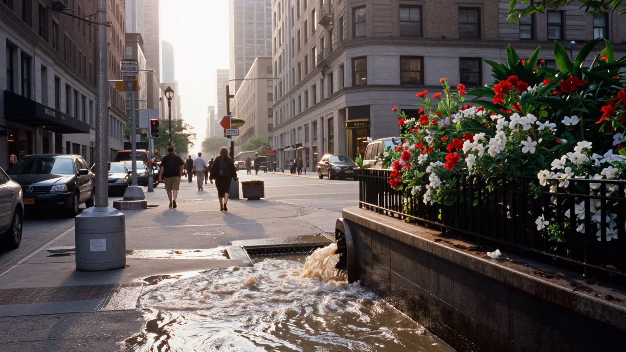 Sunrise in New York City Street Scene with Flowering Plant and Storm Drain in in New York, New York, United States