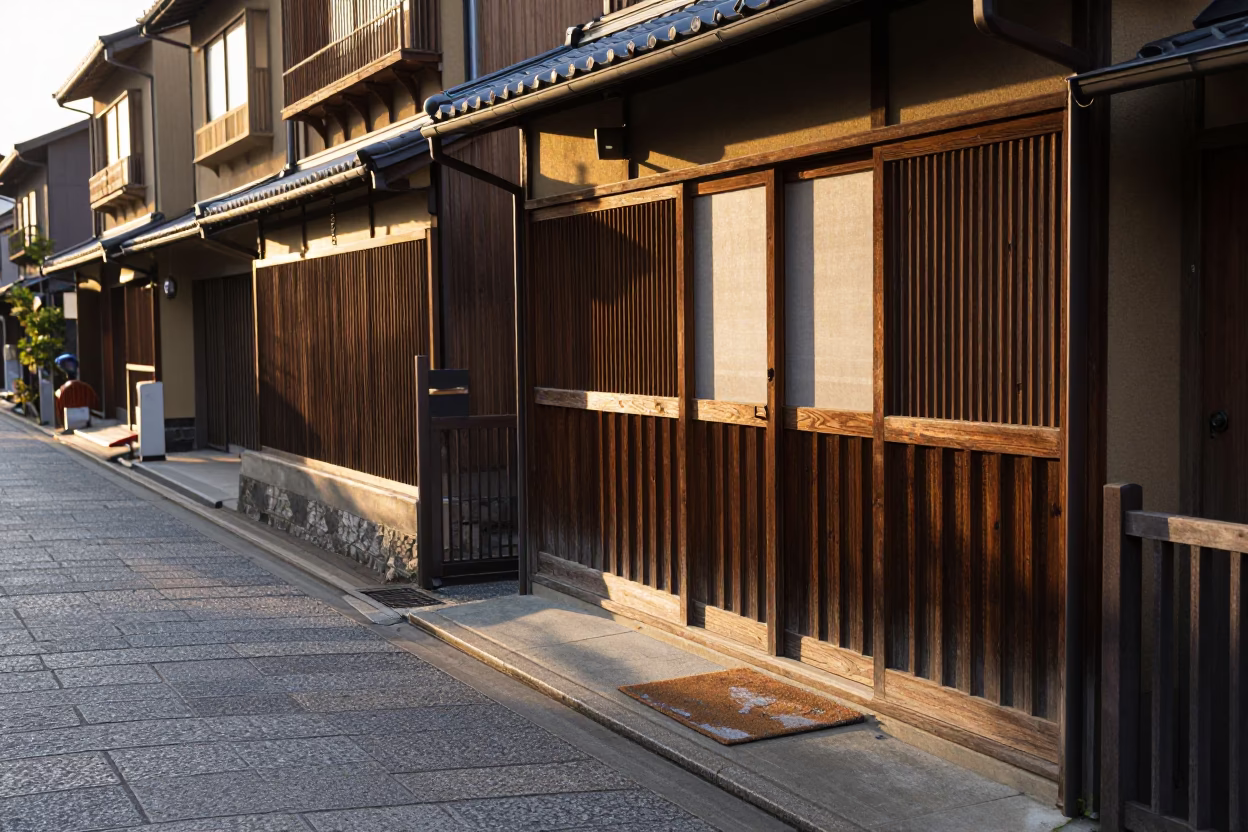 Sunrise in Osaka Japan Street Scene with Door Mats and Morning Light in in Osaka, Japan