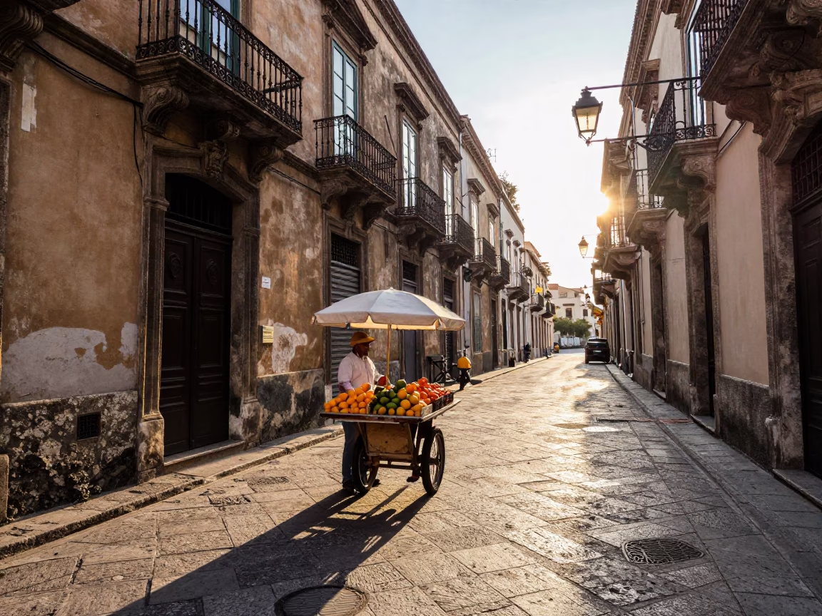 Sunrise in Palermo Italy Street Scene with Vintage Lampshade and Local Daily Life in in Palermo, Italy