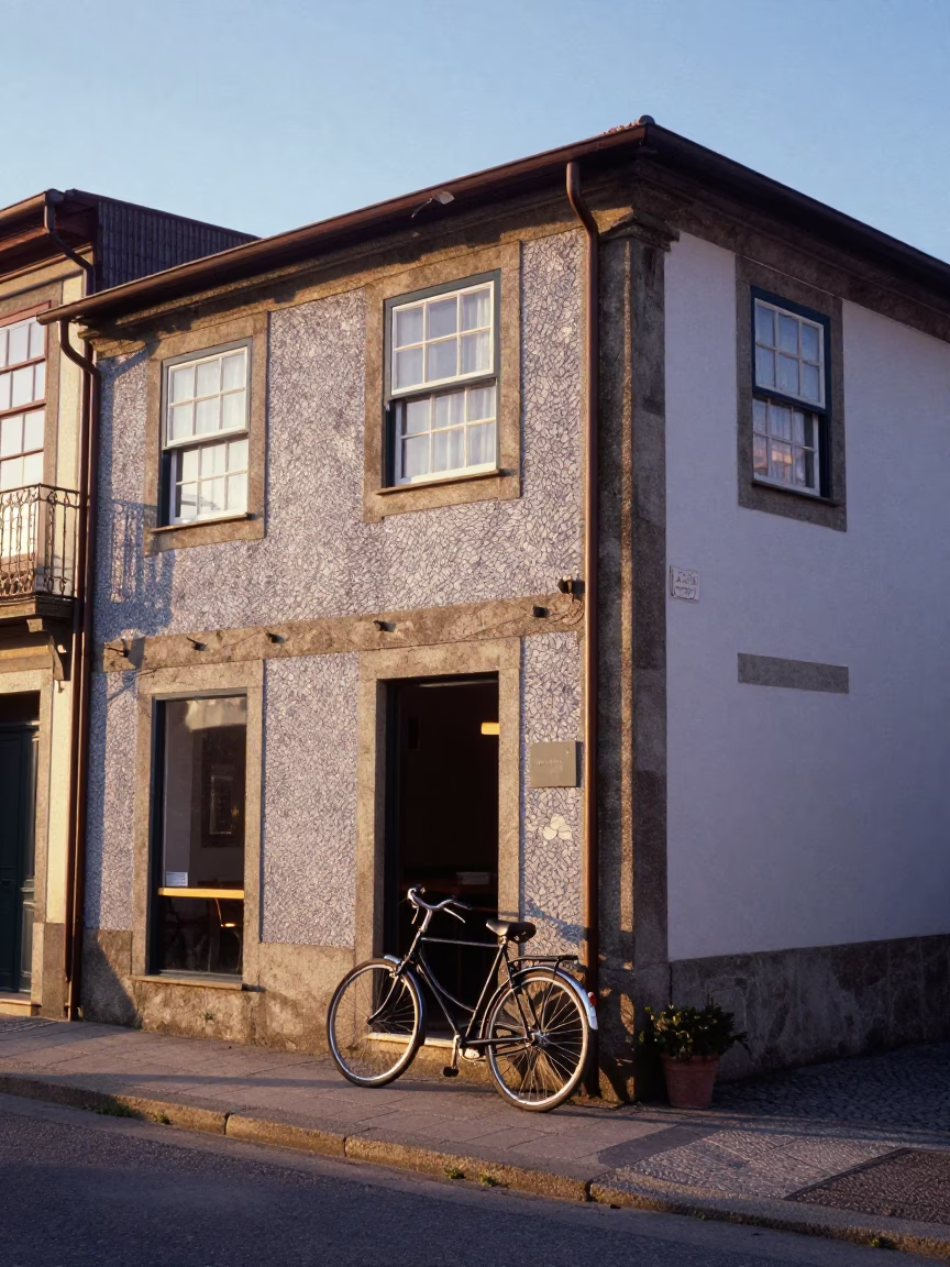 Sunrise in Porto Portugal with Bicycle Leaning Against Traditional Cafe Exterior in in Porto, Portugal