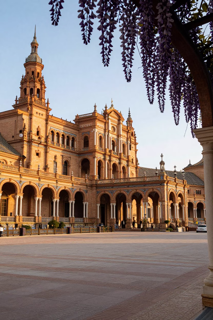 Sunrise in Seville Plaza with Wisteria Tunnel and Local Street Scene in in Seville, Spain