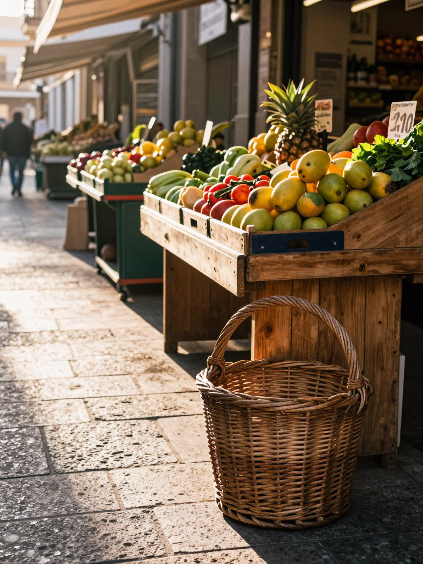 Sunrise in Valencia Spain Market Stall with Wicker Basket and Fresh Herbs in in Valencia, Spain