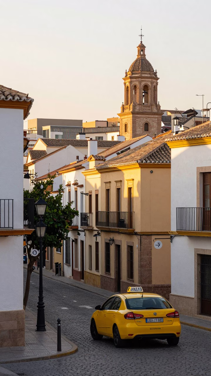Sunrise in Valencia Spain Street Scene with Yellow Taxi and Local Life in in Valencia, Spain