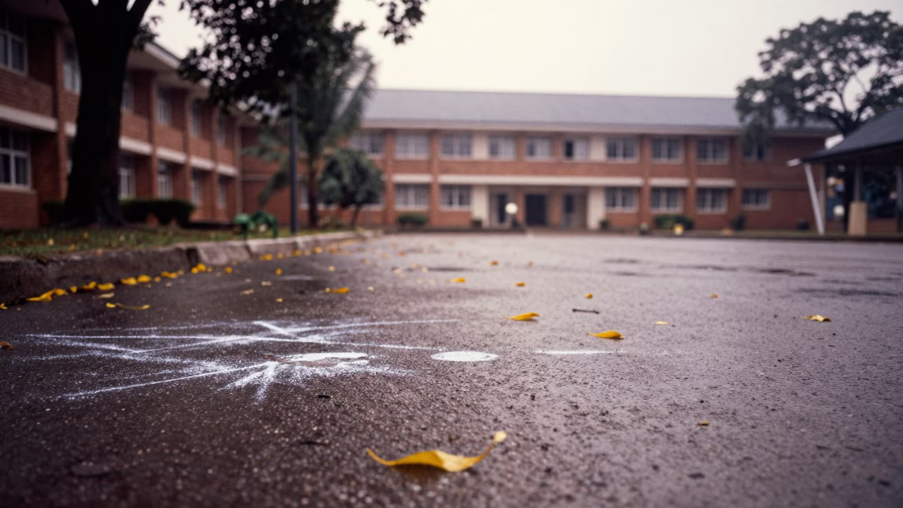 Sunrise Leaves on Banfora Campus Quad in outside a brick lecture building in Banfora