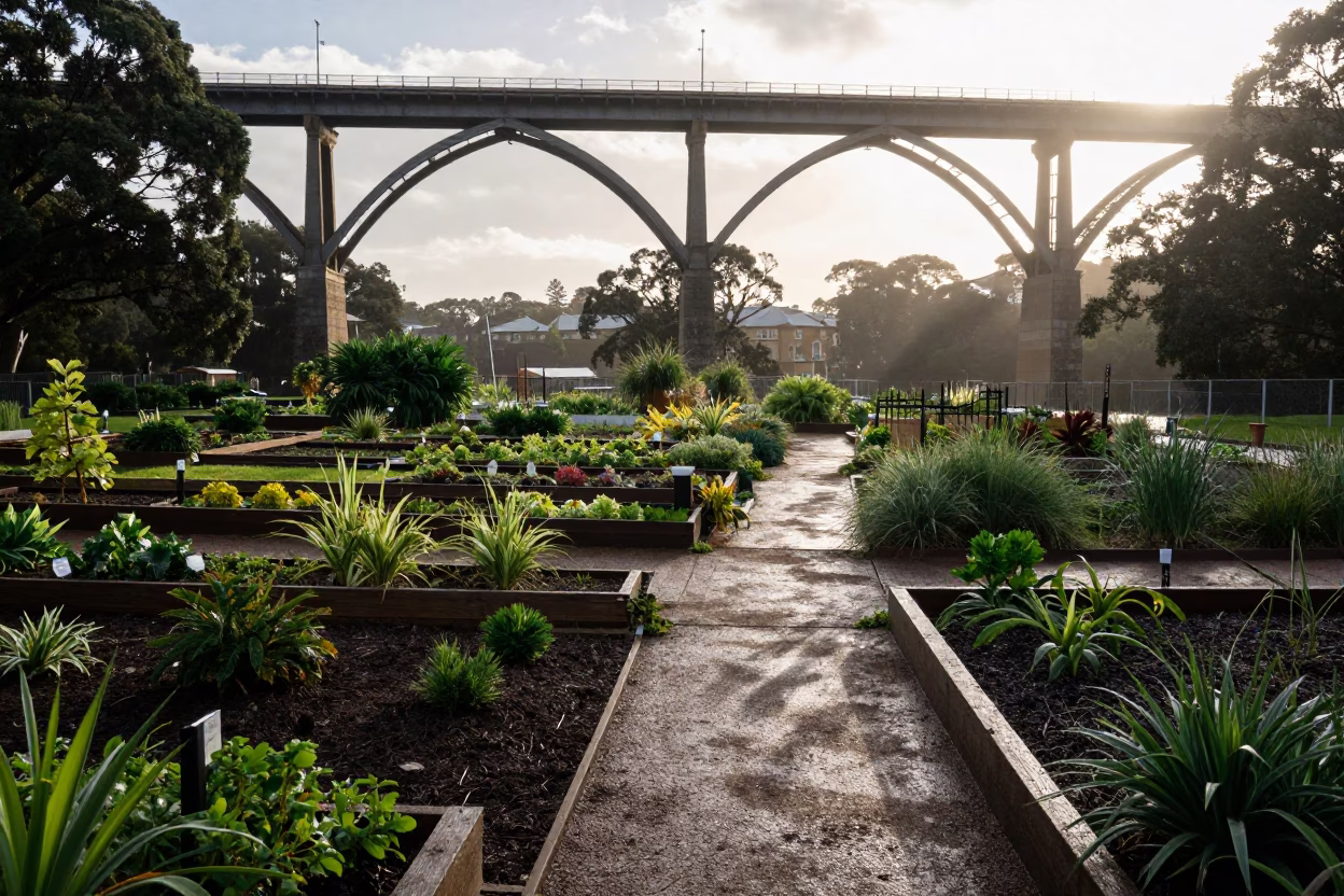 Sunrise Light and Viaduct Shadow Over Sydney Allotment Gardens After Rain in in Sydney, New South Wales, Australia