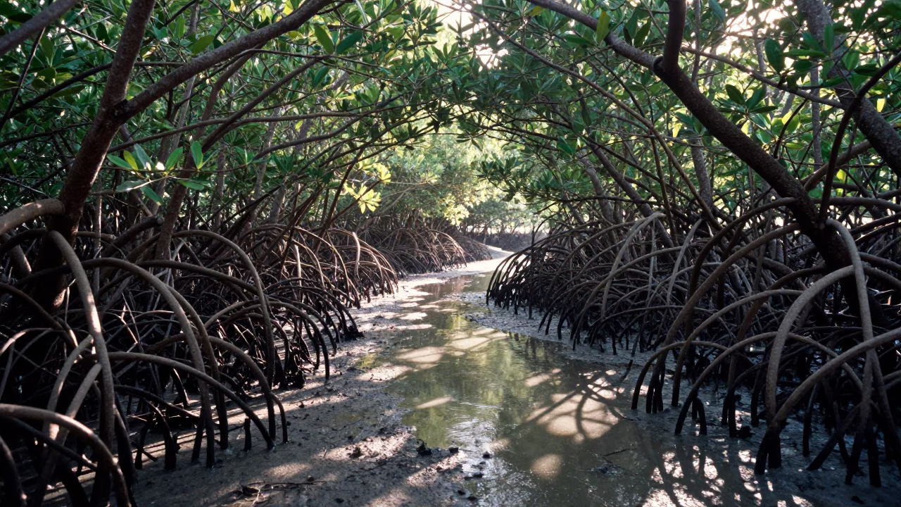 Sunrise light filtering through mangrove prop roots in Phuket Thailand coastal wetland in in Phuket, Thailand