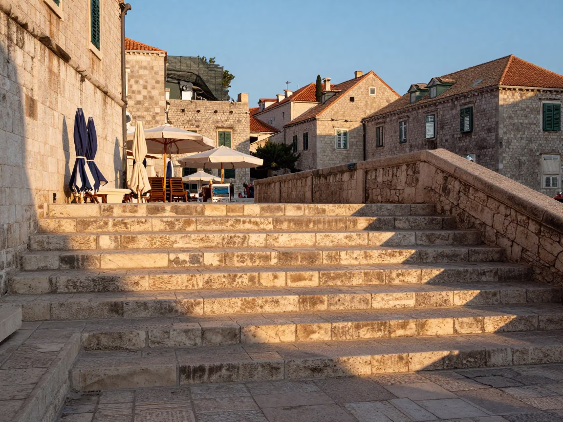 Sunrise Light Illuminates Stone Steps and Umbrellas in Dubrovnik Croatia in in Dubrovnik, Croatia