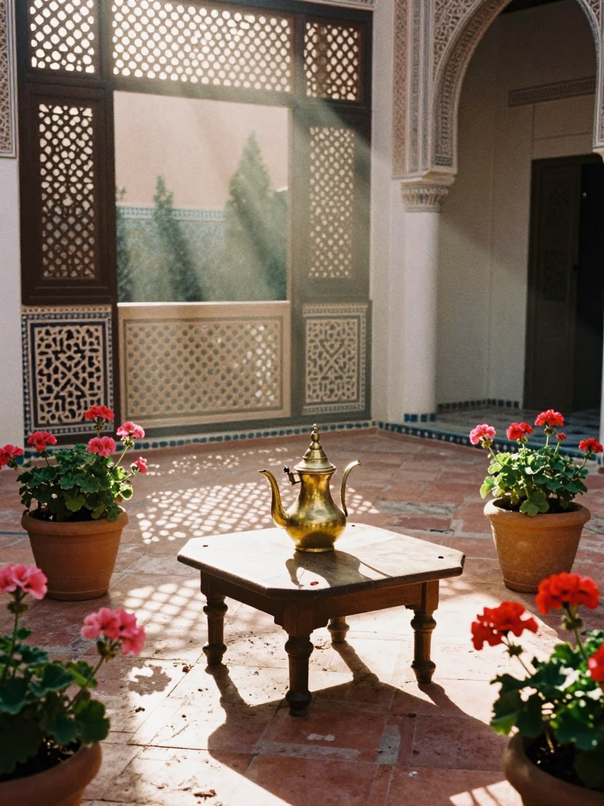 Sunrise Light in Marrakech Medina Courtyard with Potted Geraniums and Traditional Teapot in in Marrakech, Morocco