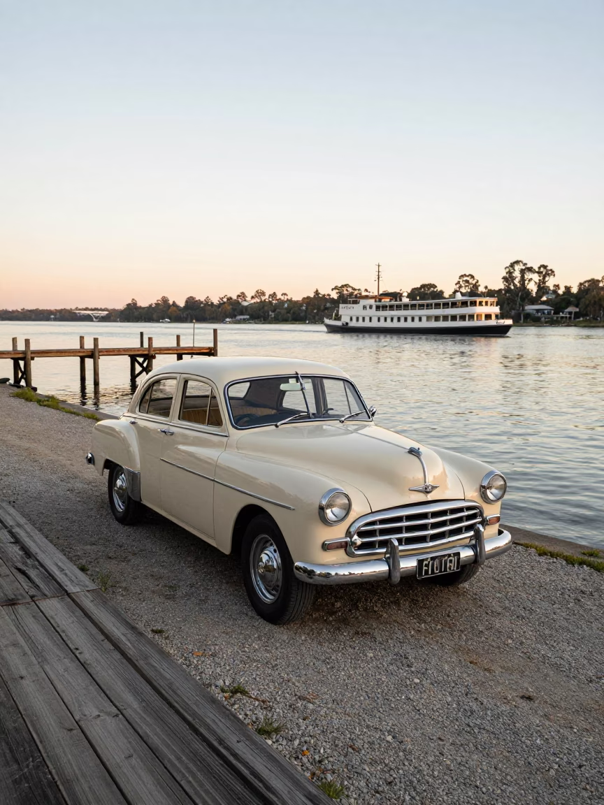 Sunrise Light on Adelaide Riverbank with Vintage Car and Riverboat in in Adelaide, South Australia, Australia