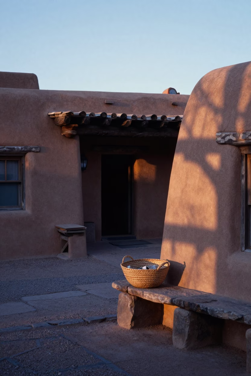 Sunrise Light on Adobe Courtyard in Santa Fe in in Santa Fe, New Mexico, United States