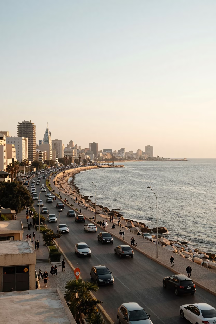Sunrise Light on Alexandria Corniche with Coastal Traffic and Local Street Life in in Alexandria, Egypt
