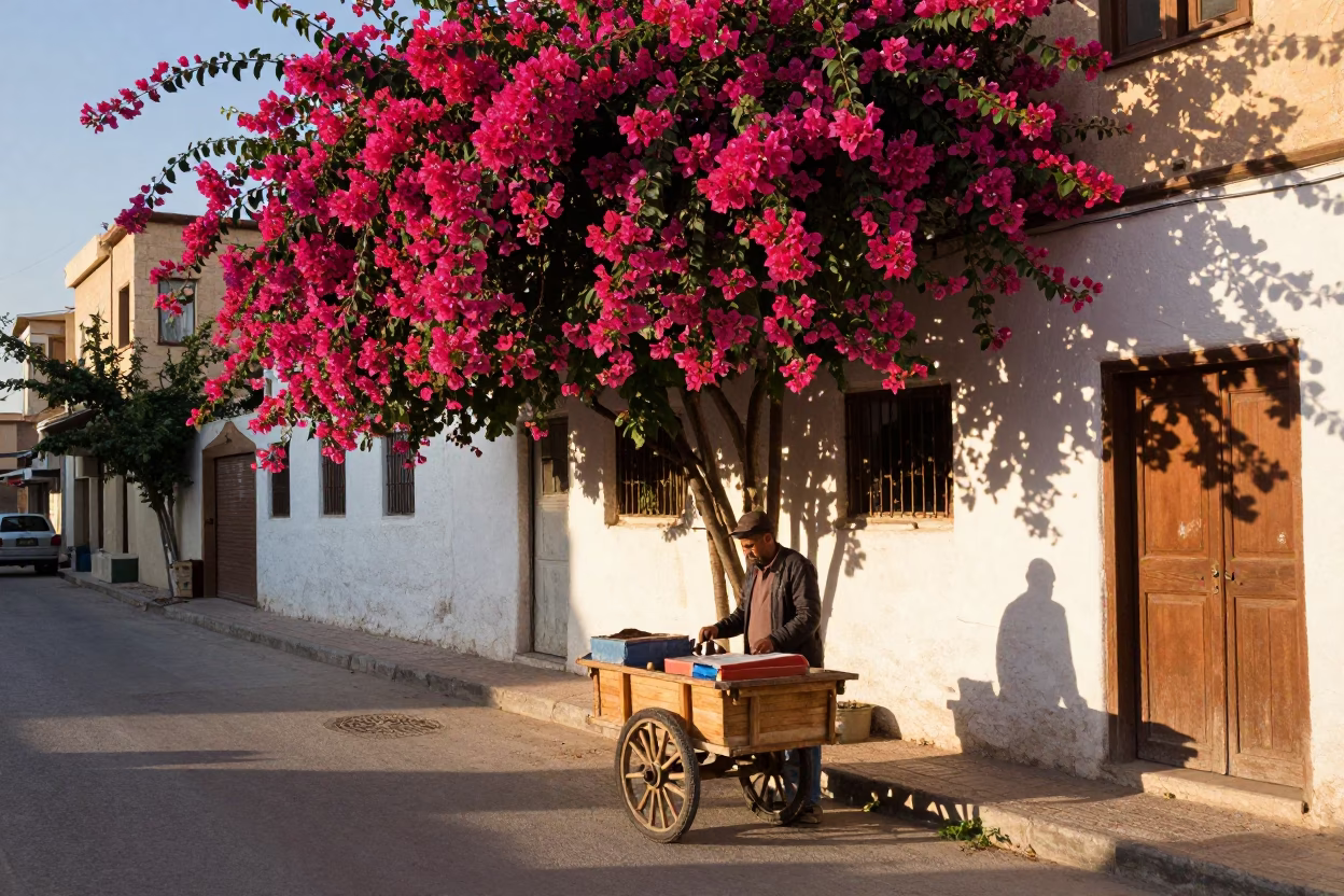 Sunrise Light on Amman Street with Bougainvillea and Local Vendor in in Amman, Jordan