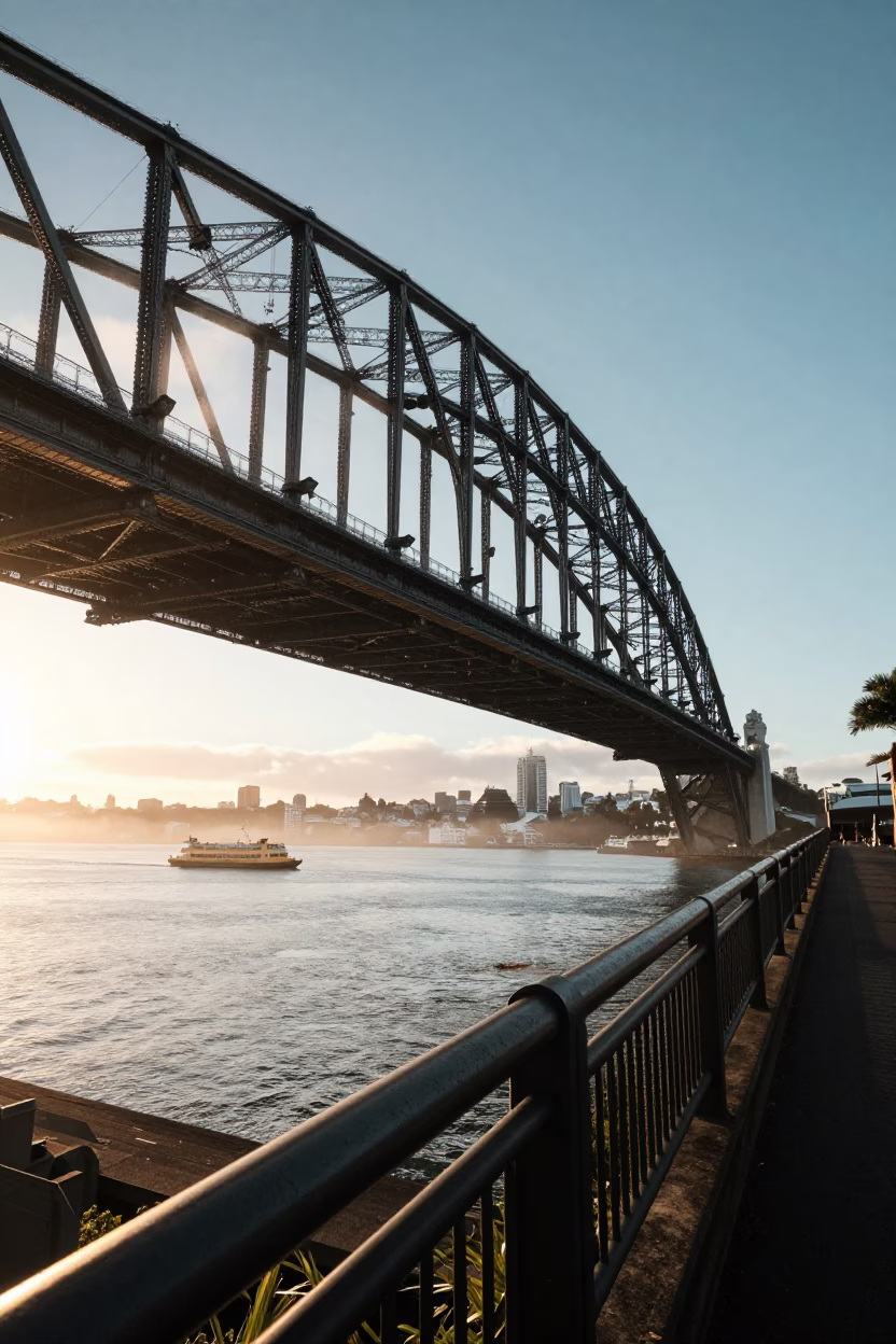 Sunrise light on Auckland Harbour Bridge rail with morning mist and ferry traffic in in Auckland, New Zealand