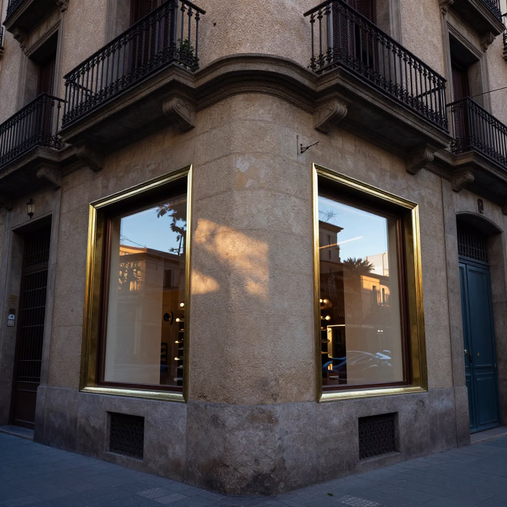 Sunrise Light on Barcelona Street Corner with Brass Mirror Edge and Urban Reflections in in Barcelona, Spain