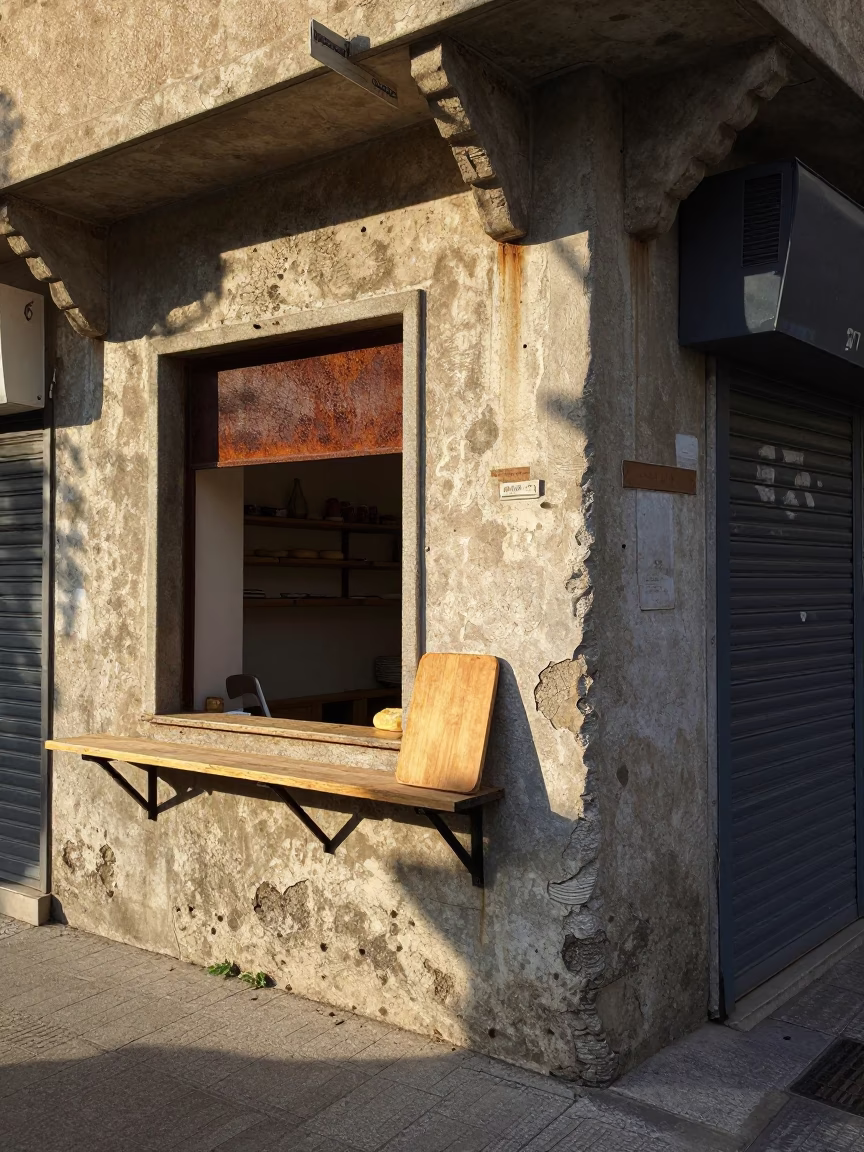 Sunrise Light on Beirut Street Corner with Rusty Window and Bread Board in in Beirut, Lebanon