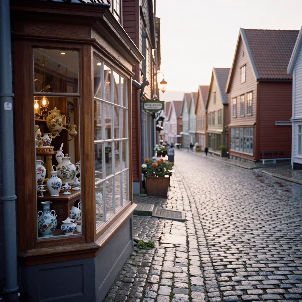 Sunrise Light on Bergen Norway Cobblestone Street with Vintage Porcelain Shop Display in in Bergen, Norway