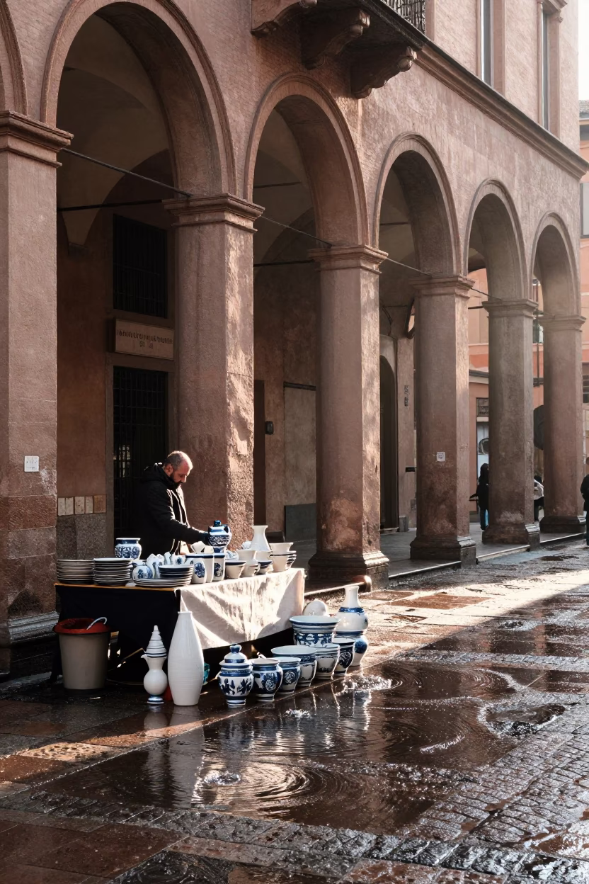 Sunrise Light on Bologna Porticoes with Street Vendor Ceramic Wares in in Bologna, Italy