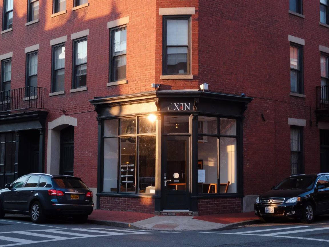 Sunrise Light on Boston Street with Red Brick and Morning Commute in in Boston, Massachusetts, United States