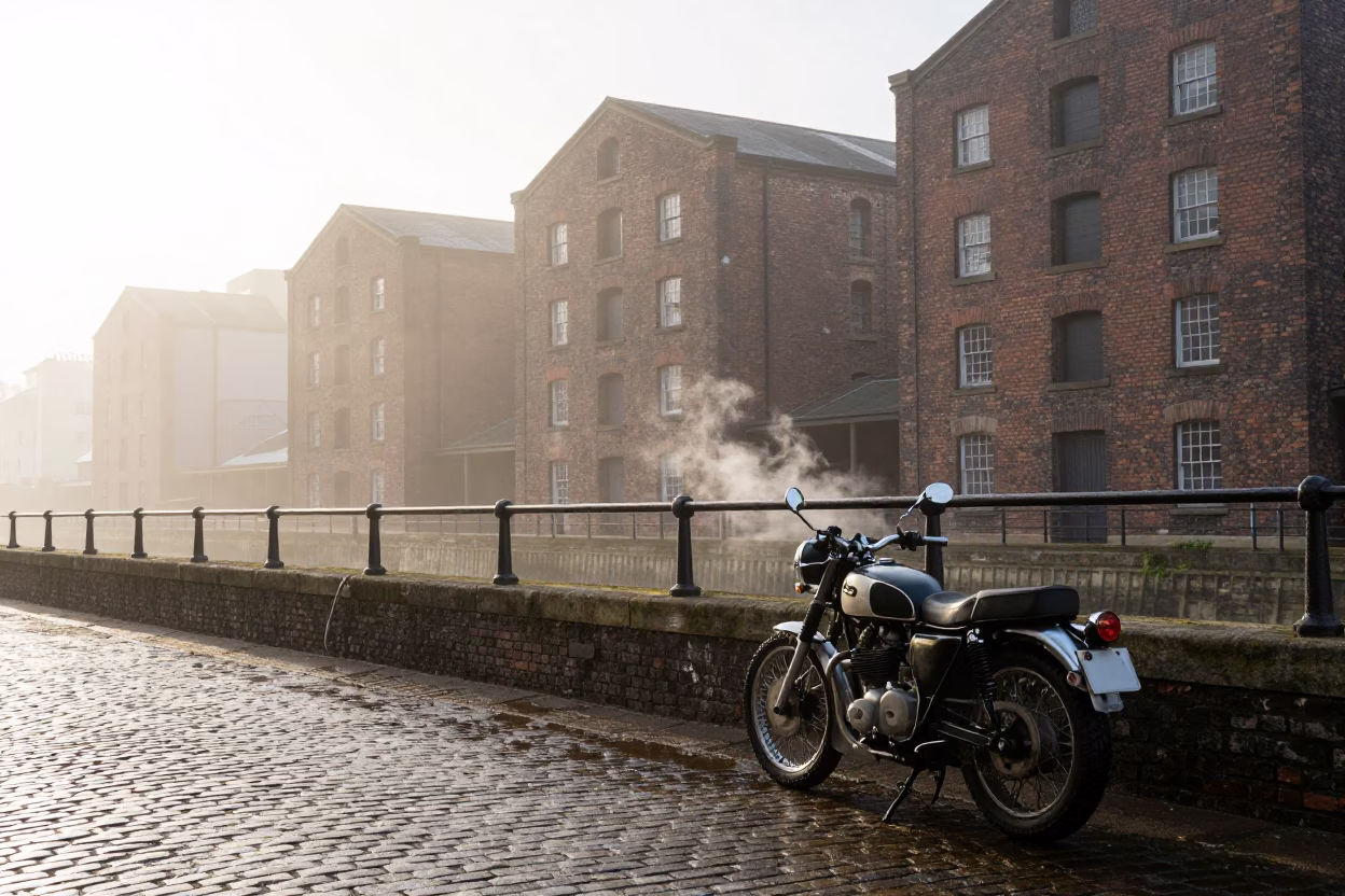Sunrise Light on Bristol Harbor Quayside with Vintage Motorcycle and Steam Haze in in Bristol, United Kingdom