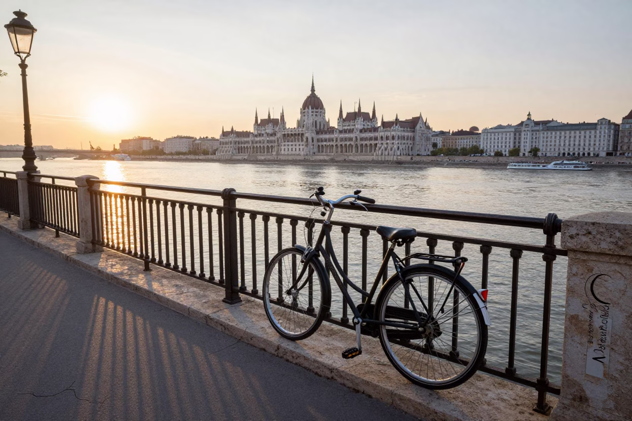 Sunrise light on Budapest Danube bank with bicycle and city skyline in in Budapest, Hungary