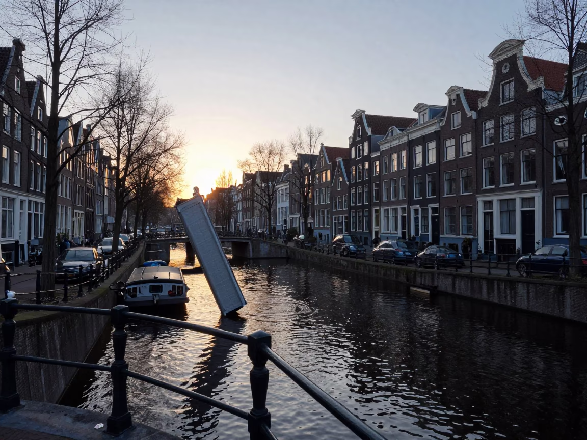 Sunrise Light on Canal in Amsterdam in in Amsterdam, Netherlands