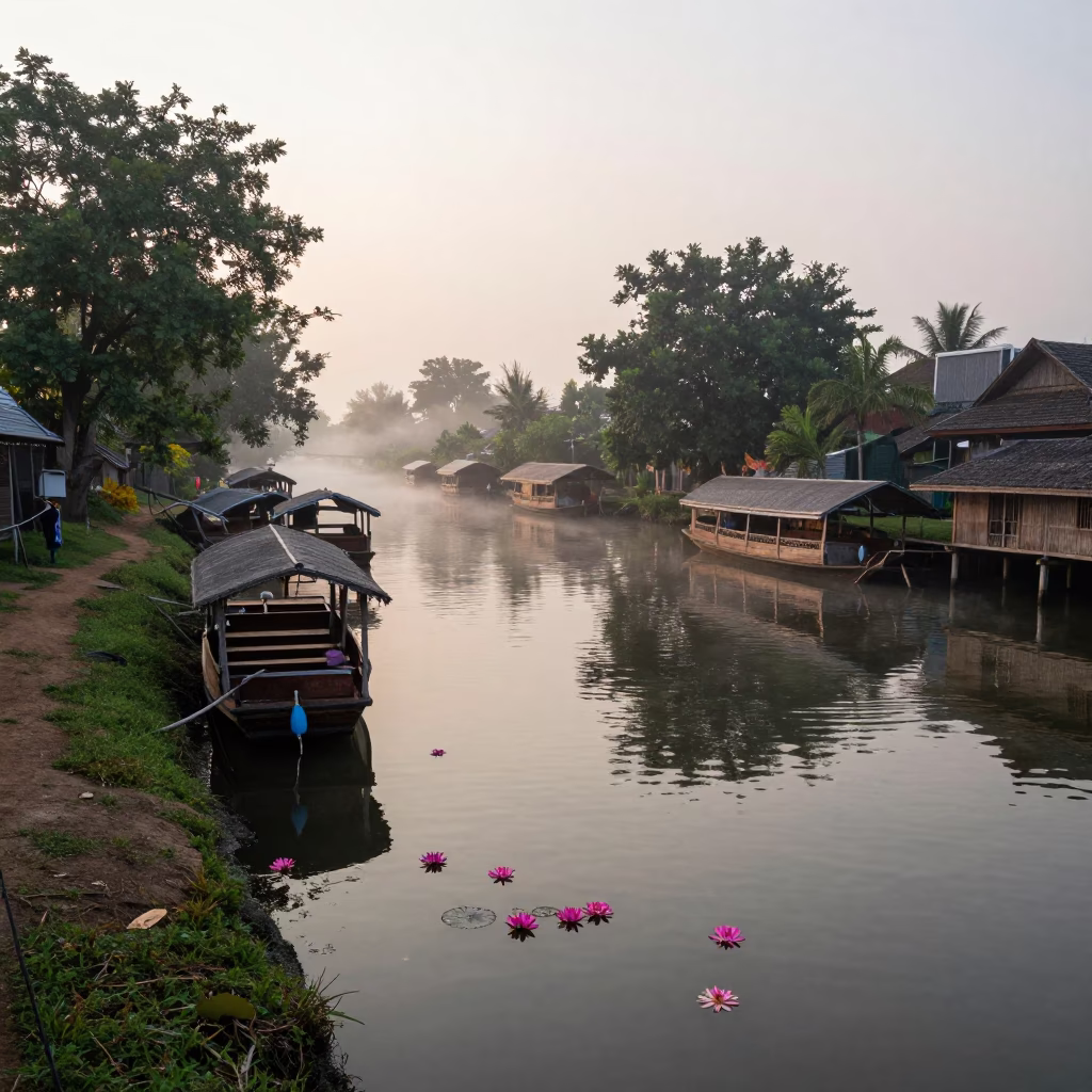 Sunrise Light on Canal Scene in Chiang Mai in in Chiang Mai, Thailand