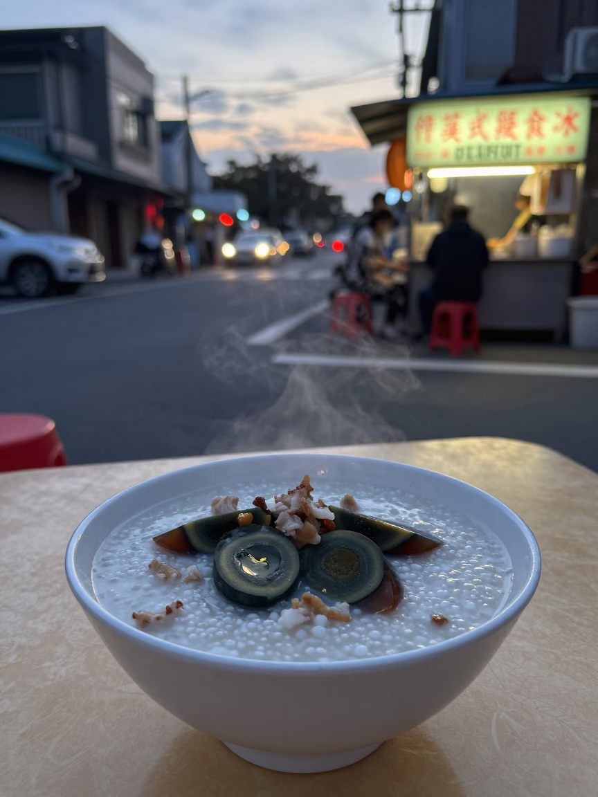Sunrise Light on Century Egg Congee And Pork in Tainan in in Tainan, Taiwan