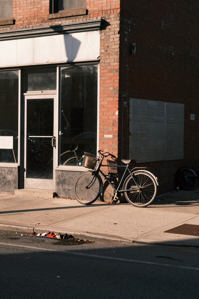 Sunrise Light on Chicago Street Corner with Vintage Bicycle and Urban Decay Details in in Chicago, Illinois, United States