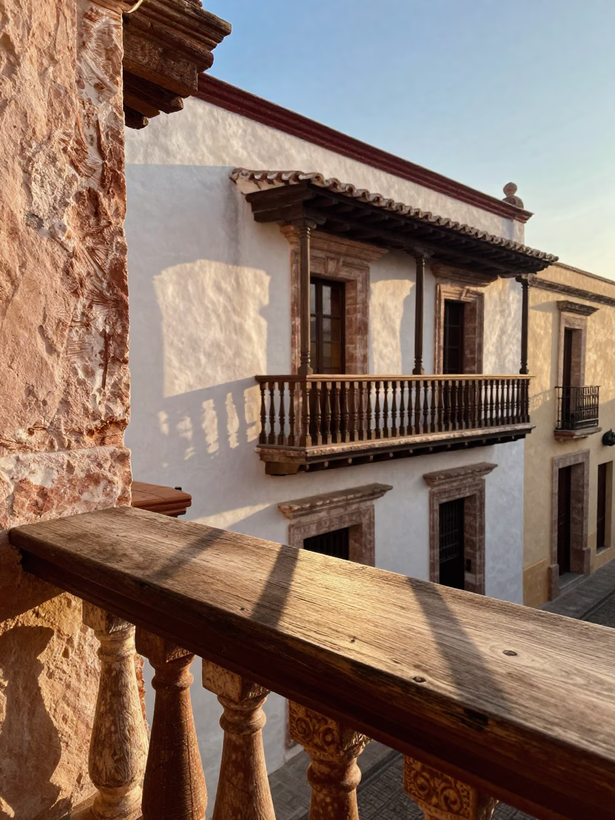 Sunrise Light on Colonial Balcony with Wicker Shadow in Merida Mexico in in Merida, Mexico