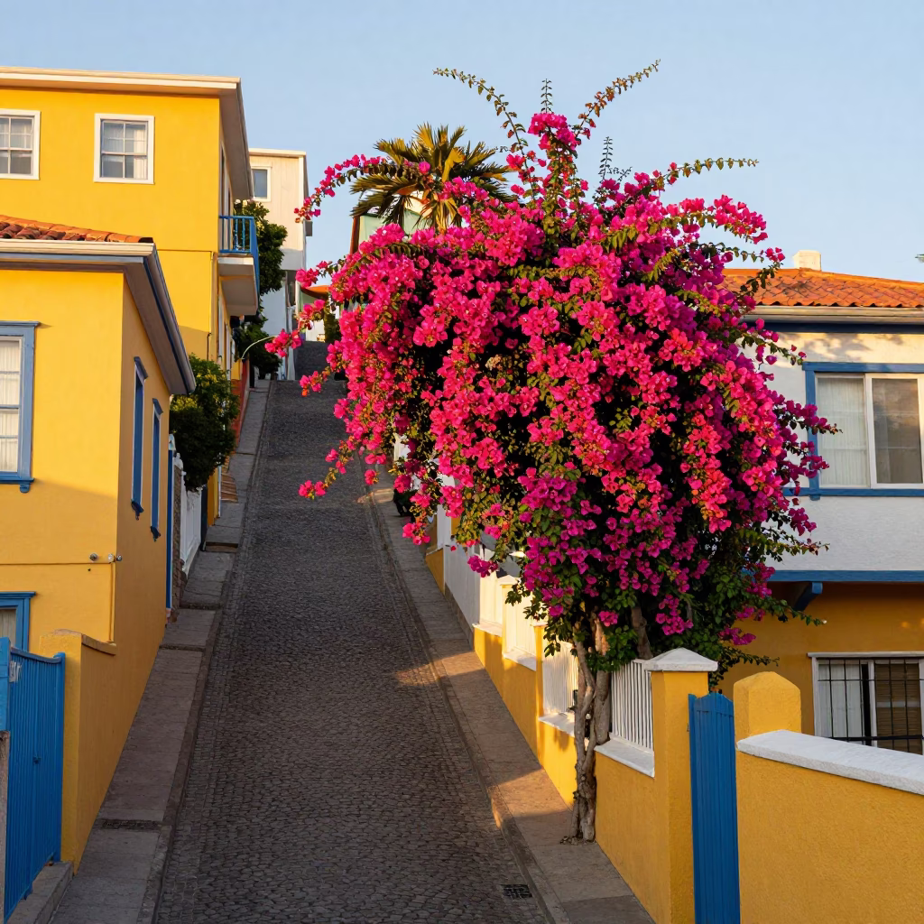 Sunrise Light on Colorful Valparaiso Steep Streets with Bougainvillea in in Valparaiso, Chile