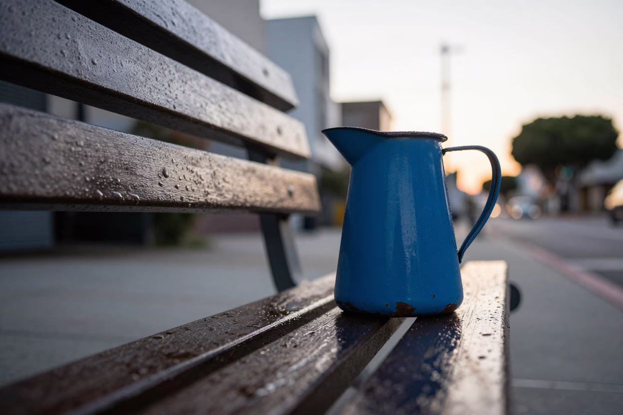 Sunrise Light on Condensation and Enamel Pitcher in Los Angeles California Street Scene in in Los Angeles, California, United States