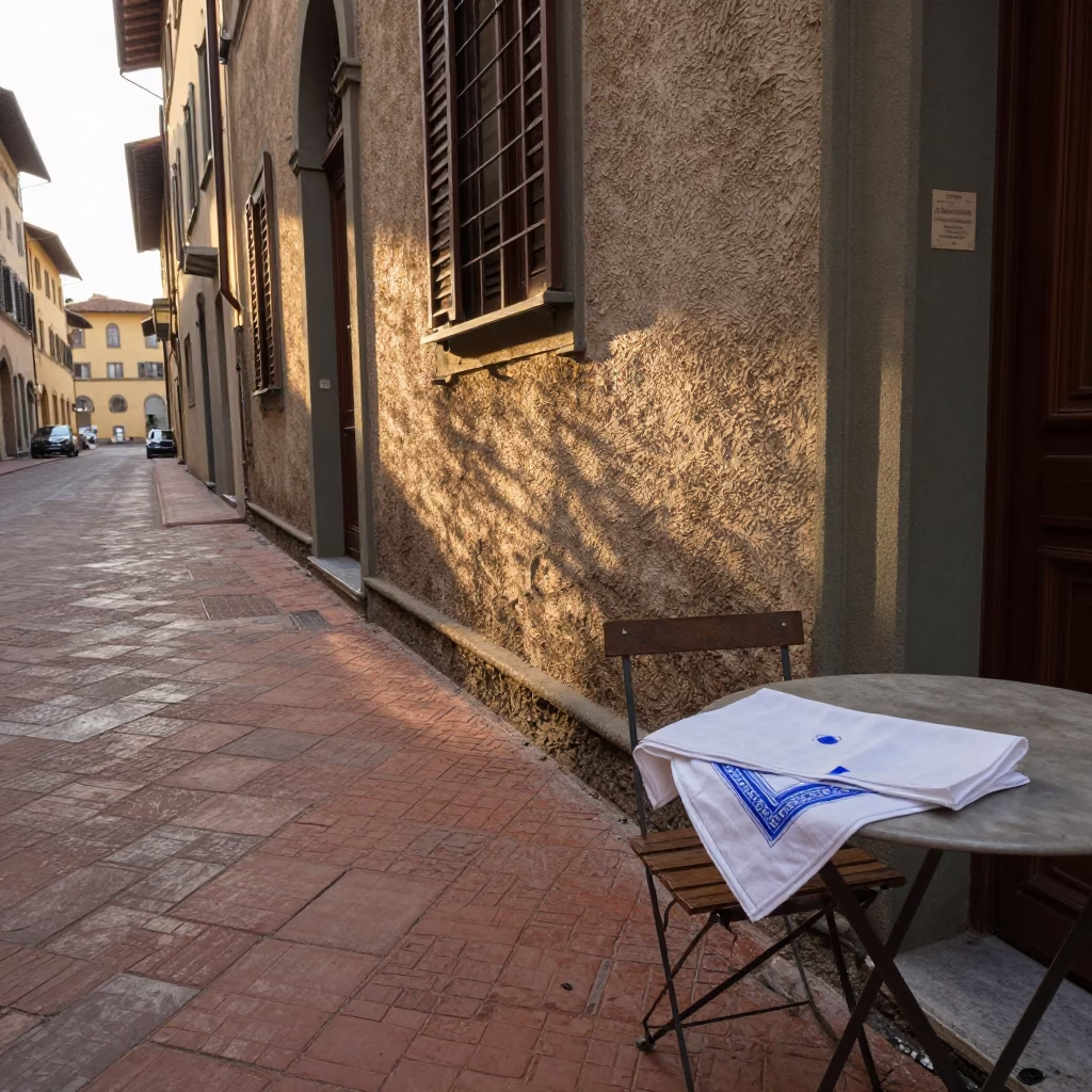 Sunrise light on Florence stone streets with a handkerchief and chemist cobalt liquid in in Florence, Italy