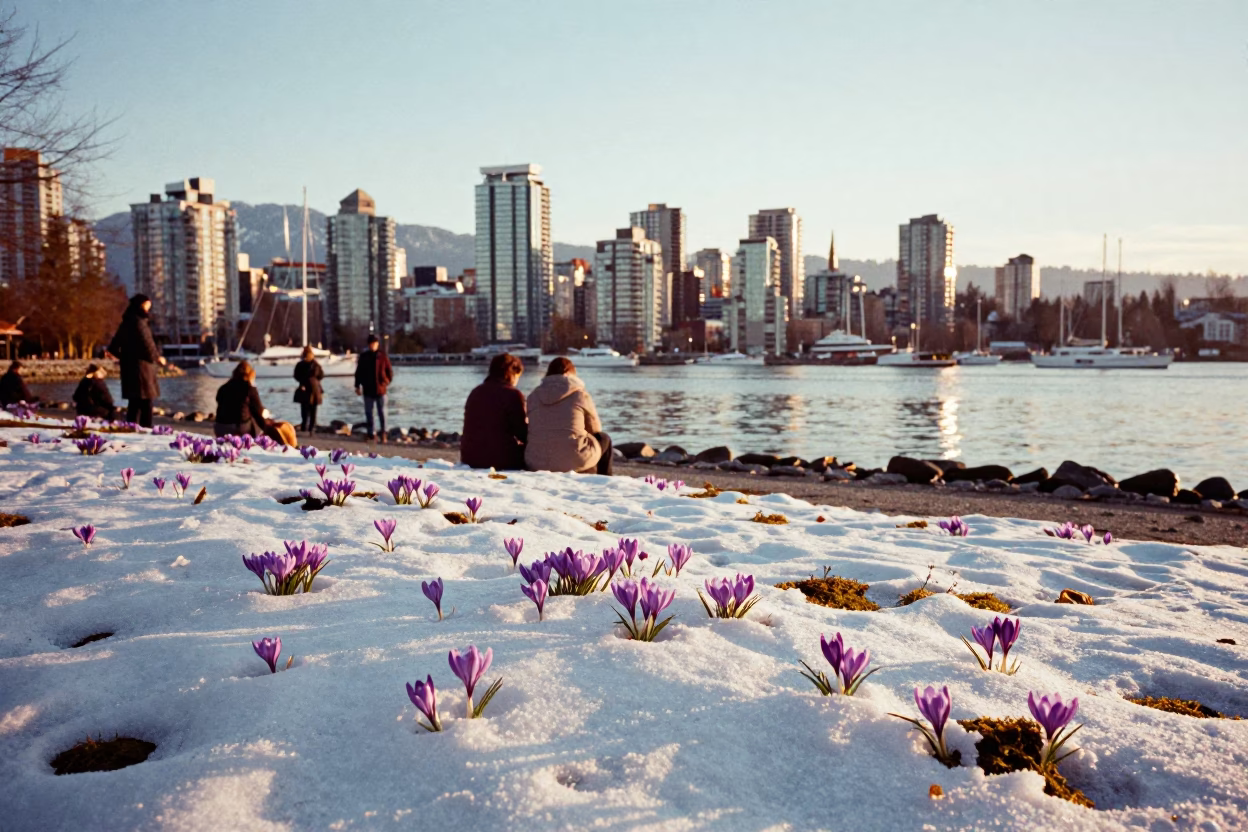 Sunrise Light on Granville Island Crocuses and Waterfront Activity in Vancouver in in Vancouver, British Columbia, Canada
