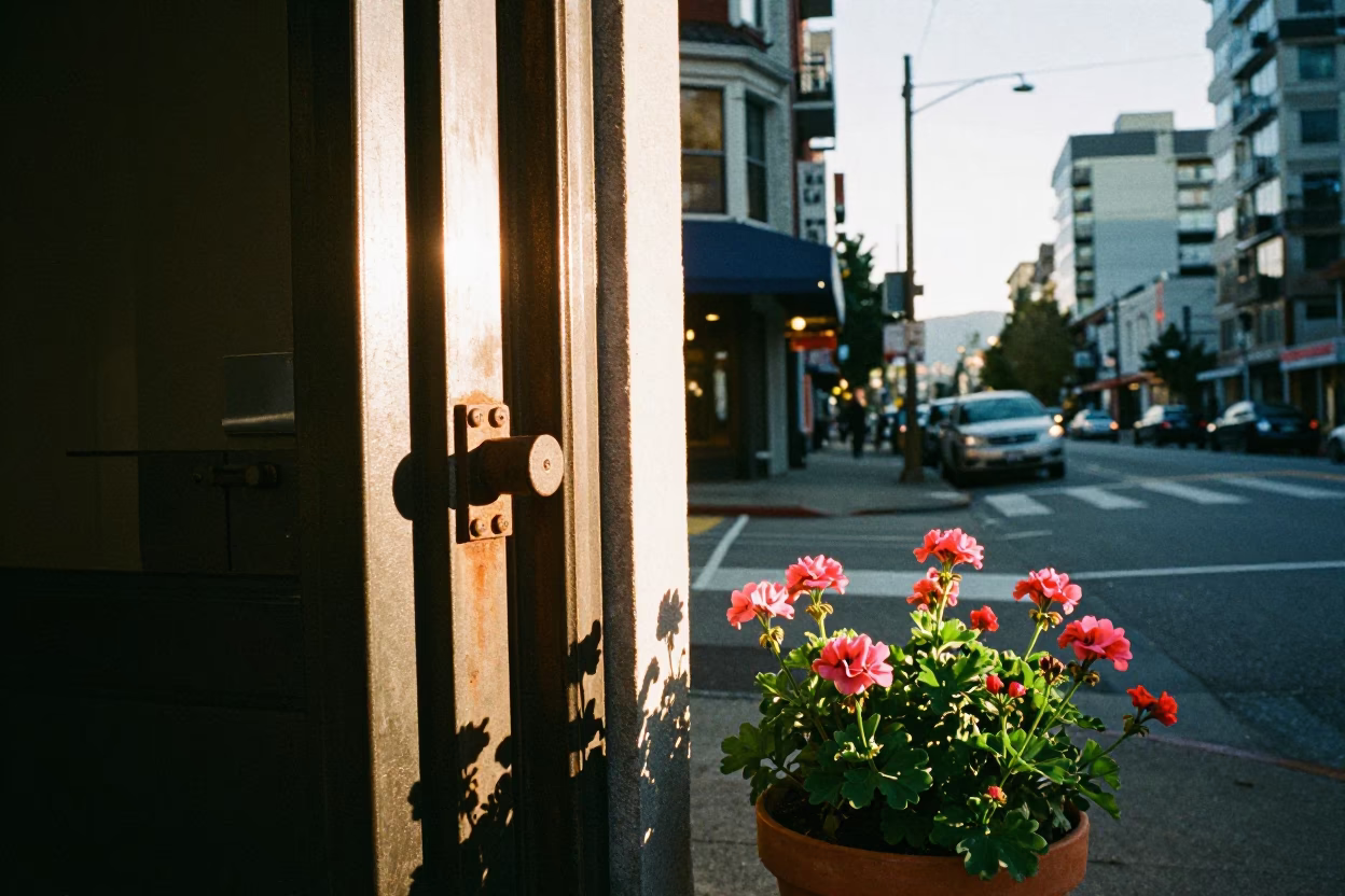 Sunrise Light on Granville Street Latch and Potted Geraniums in Vancouver in in Vancouver, British Columbia, Canada