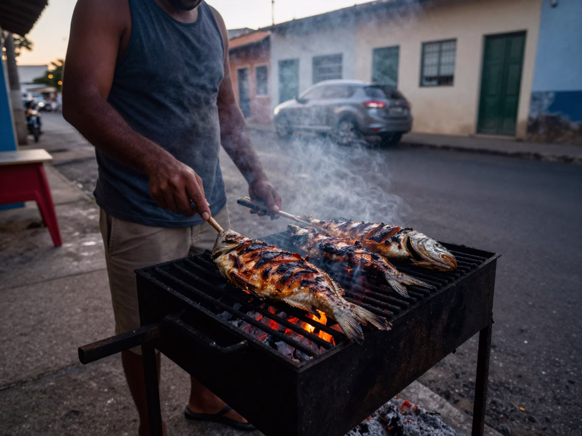 Sunrise Light on Grilled Fish in Salvador in in Salvador, Brazil