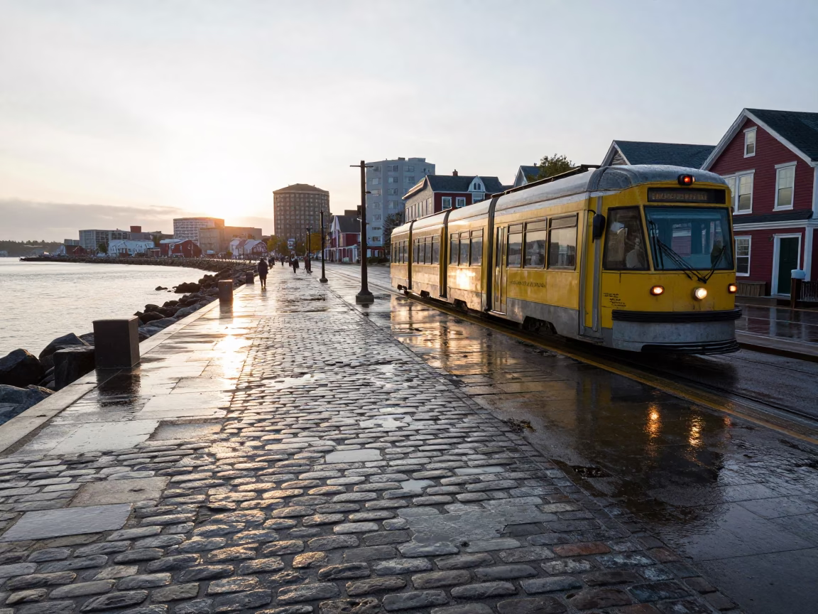 Sunrise Light on Halifax Waterfront Promenade with Heritage Streetcar and Wet Pavement Reflections in in Halifax, Nova Scotia, Canada